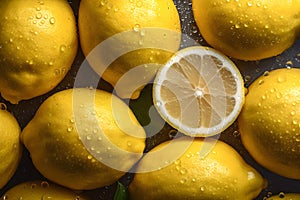 Lemons on Dark Background with Water Drops.