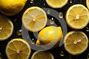 Lemons on Dark Background with Water Drops.