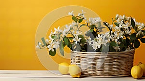 lemons and flowers harmoniously arranged in a rustic basket against a serene minimal background.