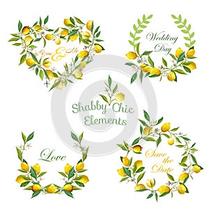 Lemons, Flowers, Leaves Banners and Tags. Floral Wreath