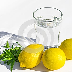 Lemons, fresh green mint and a glass glass with water on a white background