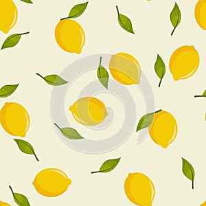 Lemons and green leaves on a pastel yellow background. Seamless pattern.