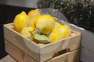 Lemons heaped in wooden crate at street market photo