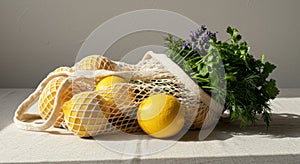 Lemons and Herbs in Mesh Bag on White Table