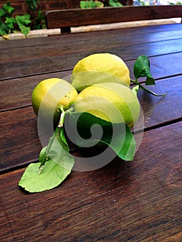 Lemons with leaves on surface of wooden table, seen from the side