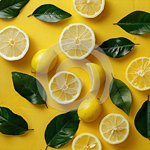 Lemons, lemon slices, wedges and leaves lying on an orange surface. Ai generated