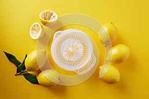 Lemons with lemon squeezer against a yellow background