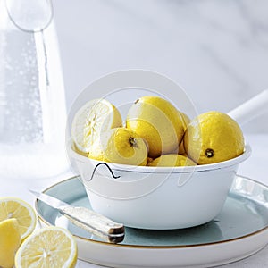 Lemons for lemonade, ingredients in a bowl recipe idea