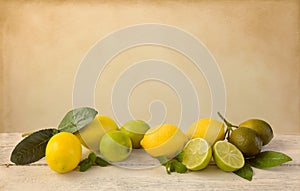 Lemons and limes on vintage table