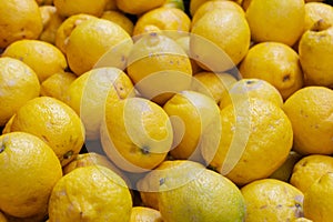 Lemons on the market. Juicy lemons background. Yellow fruits. Heap of ripe lemons. Yellow color background. Citrus harvest.