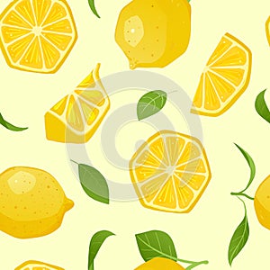 Lemons, slices and leaves seamless pattern. Organic health fruit background.