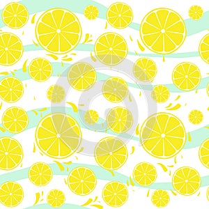 Lemons slices seamless pattern splash on blue white