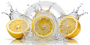 Lemons Splashing in Water Three lemon slices, surrounded by a vibrant water splash, creating a refreshing visual