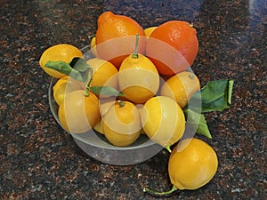 Lemons and two bright oranges