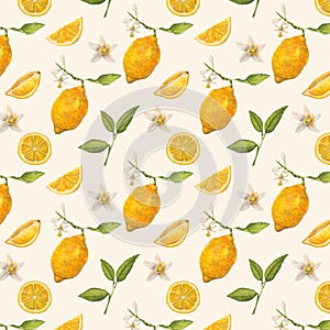 Lemons watercolor seamless pattern. Botanical wallpaper