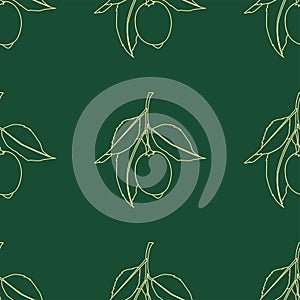 Seamless pattern with lemons. Line drawing isolated on dark green background. Fresh Fruits with leaves. Summer design. Vector