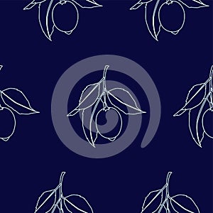 Seamless pattern with lemons. Line drawing isolated on dark blue background. Fresh Fruits with leaves. Summer design. Vector