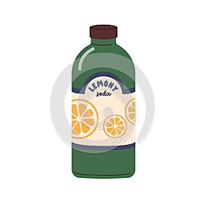 Lemony soda drink. Cold lemonade, organic summer refreshment with lemon flavor, taste. Glass bottle of fresh cooling