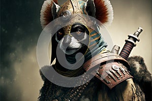 Lemur animal portrait dressed as a warrior fighter or combatant soldier concept. Ai generated