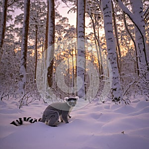 Lemur exploring a tranquil snowcovered forest at twilight with the soft crunch of snow underfoot photo