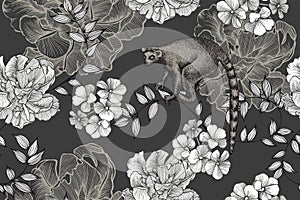 Lemur and flower seamless pattern with tulips. Hand-drawn, vector illustration.