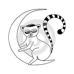 lemur sitting on the moon icon. hand drawn doodle style. vector, scandinavian, nordic, minimalism, monochrome. Nursery