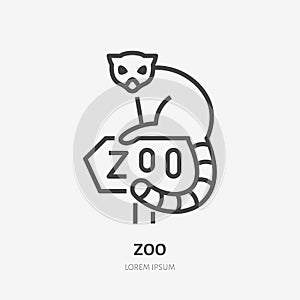 Lemur sitting on Zoo sign flat line icon. Animal park sign, wildlife logo