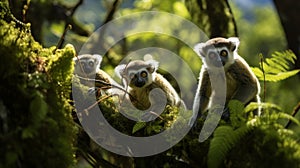 Lemurs resting on a tree branch in green forest