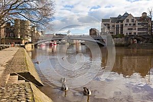Lendal bridge York UK view of River Ouse in historic city with ducks