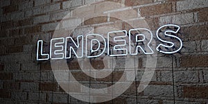 LENDERS - Glowing Neon Sign on stonework wall - 3D rendered royalty free stock illustration