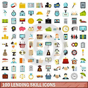 100 lending skill icons set, flat style
