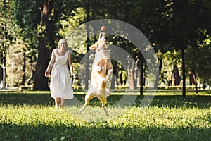 Length view of beautiful young girl in white dress looking at jumping golden retriever on meadow