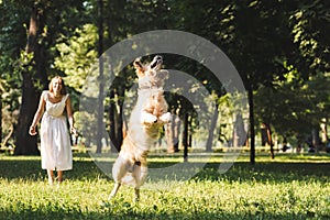 Length view of young girl in white dress smiling and looking at jumping golden retriever on meadow