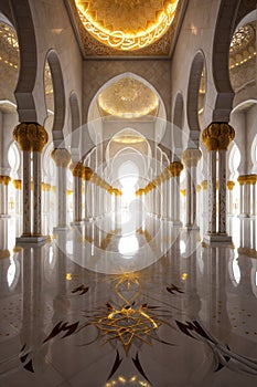A lengthy and beautiful hallway adorned with arches and columns in a mosque