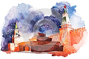 Lenin Mausoleum in Moscow on Red Square Russia Watercolor