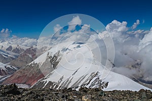 Lenin peak or Ibn Sina Avicenna Peak at Pamir mountains cold snow ice glacier