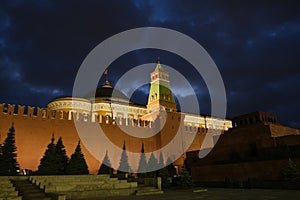 Lenin`s mausoleum jn Red Square in Moscow. Senate tower and Kremlin wall.