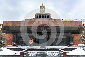 Lenin\'s Mausoleum at Kremlin wall. View of the Moscow Kremlin from the Red Square in winter. In memory of the Communist Party of