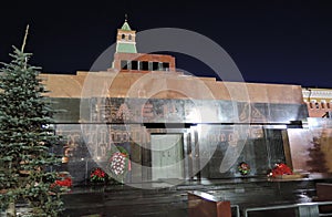 Lenin`s mausoleum at night. Color photo.