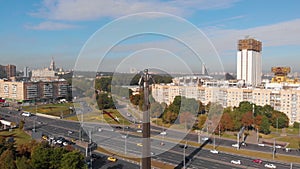 Leninsky Avenue with Monument to Yuri Gagarin during the midday down town. top view of the avenue and car traffic
