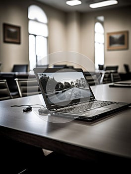 Lenovo laptop on a table in a conference room