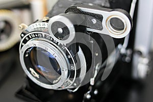 Lens of an antique film rangefinder camera
