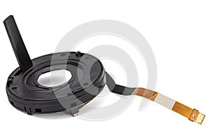 Lens aperture assembly with flex cable and motor, isolated on white background