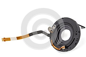 Lens aperture assembly with flex cable and motor, isolated on white background