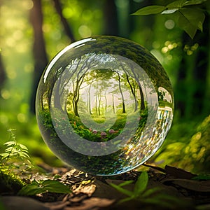 Lens ball, Glass Globe in forest, nature concept