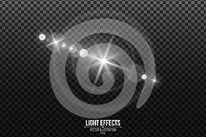 Lens effect isolated on a black transparent background. White glare and flare. Abstract lights bokeh. Realistic star footage.