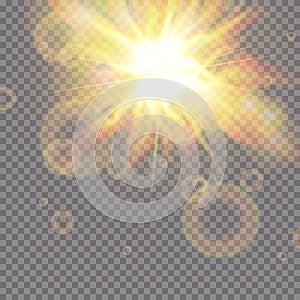 Lens flare light effect. Sun rays with beams isolated on transparent background. Vector illustration.