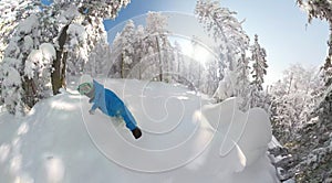 LENS FLARE: Pro snowboarder freeride snowboarding fresh snow in mountain forest