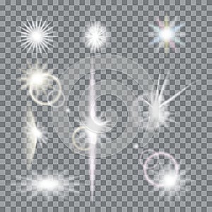 Lens flare set with transparent easy replace background and edit colors. Vector design elements Eps 10. Effects for design and