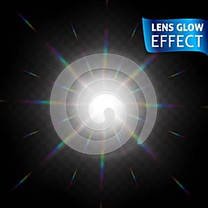 Lens glow effect. Glowing light reflections, realistic bright light effects on a dark background. Use design, glow for